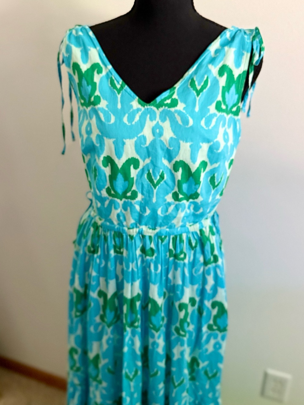 Talbots Blue Green Ikat Print Cotton Maxi Dress Size 4 - Picture 5 of 11